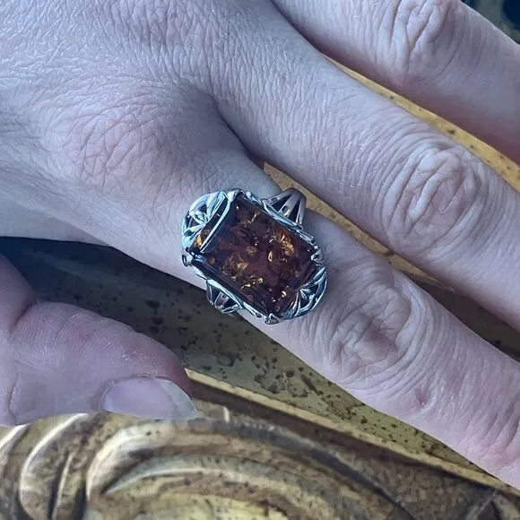 Natural Amber Sterling Silver Cocktail Ring Size 8 - Picture 4 of 10